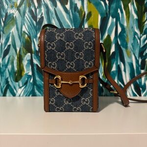 Gucci Denim GG Monogram Mini Horsebit 1955 Vertical Crossbody Bag